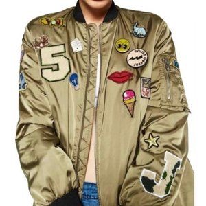 Zara TRF Bomber Jacket with Patches (S, Olive Green)